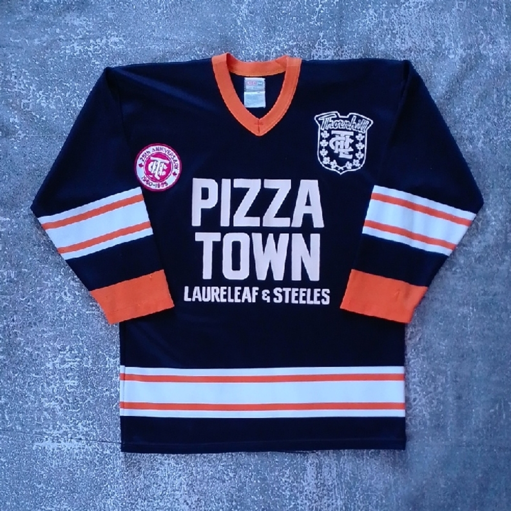 Vintage 1985 CCM PIZZA TOWN HOCKEY JERSEY THORNHILL LAURELEAF & STEELES